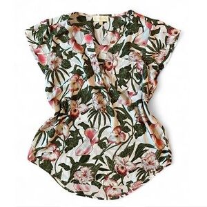Floral V-Neck Cap Sleeve Top, Tropical Shirt, Hawaiian Shirt XS Small LIKE NEW